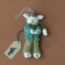 Load image into Gallery viewer, felted-grey-sheep-ornament-teal-jacket-with-snowdrop