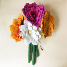 Load image into Gallery viewer, felted-lotus-flower-boquet-with-orange-pink-and-magenta-flowers