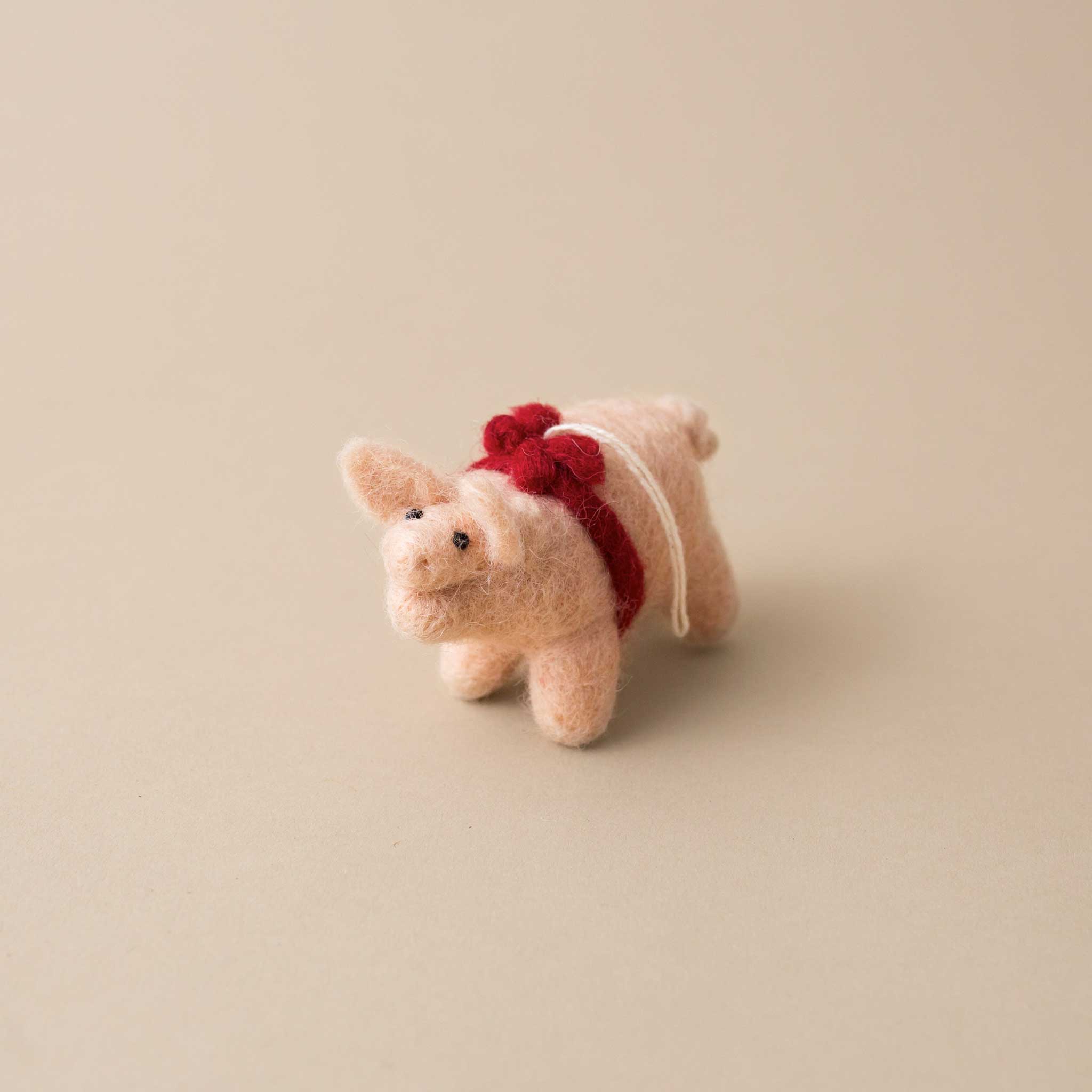 Felted Piggy with Red Ribbon - Christmas - pucciManuli