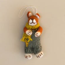 Load image into Gallery viewer, felted-red-fox-ornament-green-knit-overalls-and-ochre-scarf