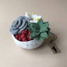 Load image into Gallery viewer, grey-bowl-with-felted-succulents-and-white-flower