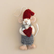 Load image into Gallery viewer, Felted White Mouse Ornament | Grey Knit Dress with Heart