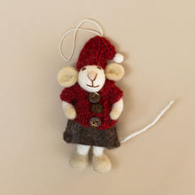 Load image into Gallery viewer, felted-white-mouse-ornament-red-dress-with-skirt-and-hat