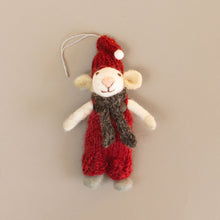 Load image into Gallery viewer, felted-white-mouse-ornament-red-overalls-and-hat