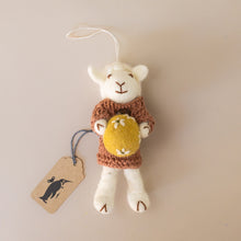 Load image into Gallery viewer, felted-white-sheep-ornament-mauve-dress-with-ochre-egg
