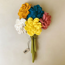 Load image into Gallery viewer, felted-zinnia-flower-bouquet-with-yellow-white-orange-blue-and-pink-flowers-and-moss-green-stems