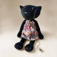 Load image into Gallery viewer, black-cat-plush-wearing-second-dress-blue-and-red-floral