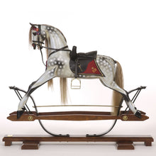 Load image into Gallery viewer, white-speckled-rocking-horse-on-wooden-base
