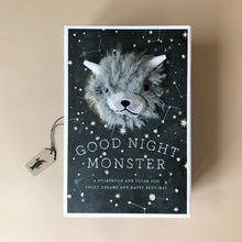 Load image into Gallery viewer, good-night-monster-gift-set-with-grey-monster-and-horns-sticking-out-of-a-box-with-star-background