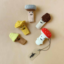 Load image into Gallery viewer, five-knit-mushrooms-with-faces-finger-puppets
