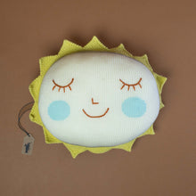 Load image into Gallery viewer, yellow-sun-pillow-with-closed-eyes-face-and-blue-blush