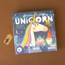 Load image into Gallery viewer, happy-birthday-unicorn-progressive-puzzle-box-featuring-a-unicorn-with-a-rainbow-mane-gnome-cupcake-and-fairy-in-a-star-lit-night