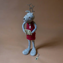 Load image into Gallery viewer, jumbo-felted-grey-deer-red-knit-dress-with-baking-tray