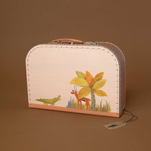 Load image into Gallery viewer, two-tone-suitcase-of-antique-pink-and-dusty-rose-featuring-a-palm-tree-antelope-and-alligator-illustration