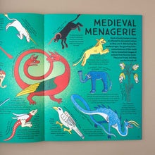 Load image into Gallery viewer, open-book-showing-green-page-with-illustrations-and-text-about-medieval-menagerie