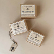 Load image into Gallery viewer, three-bars-of-lavender-honey-soap-in-packaging