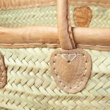 Load image into Gallery viewer, close-up-of-leather-trim-and-handles-where-it-attaches-to-basket