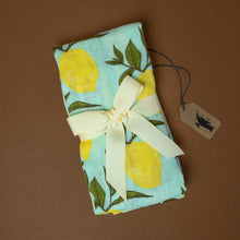 Load image into Gallery viewer, folded-set-of-two-burpies-with-yellow-lemons-and-green-leafs-pattern-on-lightblue-background