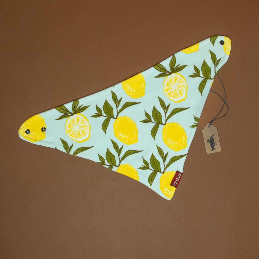 triangle-shaped-bib-with-yellow-lemons-and-green-leafs-on-lightblue-background