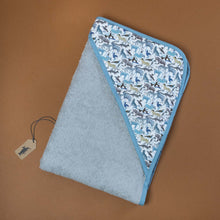 Load image into Gallery viewer, grey-towel-with-blue-animal-pattern-and-blue-trim