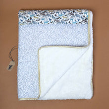 Load image into Gallery viewer, fluffy-white-blanket-with-blue-liberty-fabrics-and-gold-trim