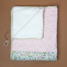 Load image into Gallery viewer, white-fluffy-blanket-with-pink-liberty-fabrics-and-gold-trim