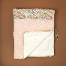 Load image into Gallery viewer, baby-blanket-with-two-unique-and-timeless-Liberty-fabrics-in-pink-floral-and-yellow-green-and-pink-prints-and-lined-with-polar-fleece