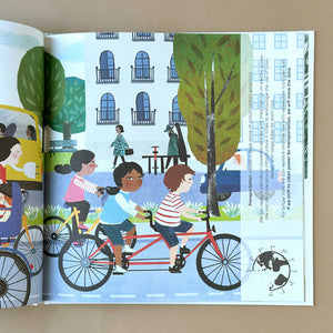 open page pf the book Listen to the Earth by Carme Lemniscates showing kids sitting on a tandem bike.