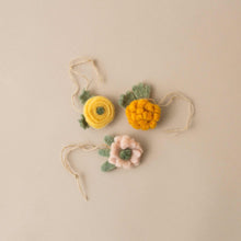 Load image into Gallery viewer, three-little-felt-flower-toppers-with-hanging-loops-yellow-rose-marigold-and-dusty-pink-pansy