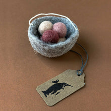 Load image into Gallery viewer, grey felted nest ornament with three little eggs