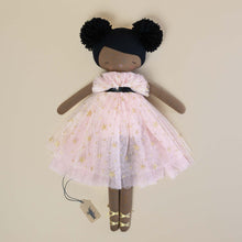 Load image into Gallery viewer, brown-doll-with-black-hair-and-pink-tule-dress