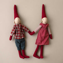 Load image into Gallery viewer, two-magnetic-pixies-holding-hands-boy-in-red-gingham-shirt-girl-in-red-checked-dress-both-in-red-pointed-caps