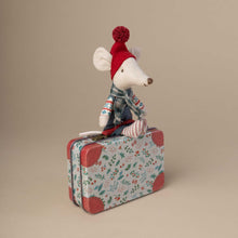 Load image into Gallery viewer, little-mouse-boy-sitting-on-top-of-a-metal-suitcase-with-floral-patterns