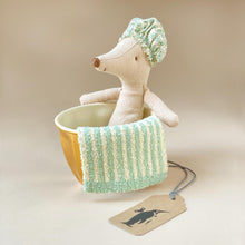 Load image into Gallery viewer, matchbox-mouse-big-sister-sitting-in-gold-tub-with-shower-cap-and-towel