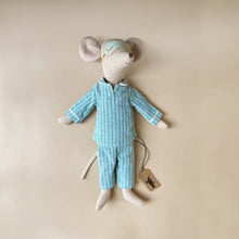 Load image into Gallery viewer, Matchbox Mouse | Medium in Blue Striped Pajamas &amp; Sleeping Mask - Dolls &amp; Doll Accessories - pucciManuli