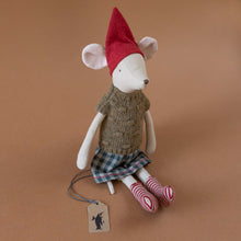Load image into Gallery viewer, medium-sized-matchbox-mouse-girl-wearing-oatmeal-sweater-blue-gingham-skirt-red-striped-socks-and-red-cap