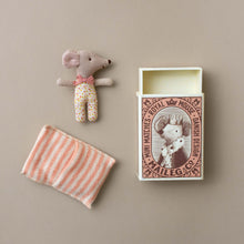 Load image into Gallery viewer, pink-striped-blanket-baby-mouse-in-pink-polka-spot-onesie-and-matchbox