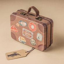 Load image into Gallery viewer, matchbox-mouse-suitcase-brown-with-printed-travel-stickers