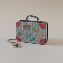 Load image into Gallery viewer, light-grey-matchbox-mouse-suitcase-with-travel-stickets-and-red-accents