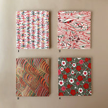 Load image into Gallery viewer, four-hand-bound-notebooks-in-red-tones-ladders-waves-rolling-hill-and-plium-tree-flowers