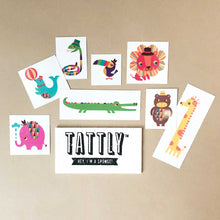 Load image into Gallery viewer, menagerie-temporary-tattoo-set-pink-elephant-blue-seal-snake-toucan-crocodile-lion-bear-and-giraffe