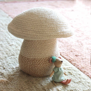 small-musroom-basket-with-mini-moiuse-doll-in-mint-dress-sitting-next-to-it
