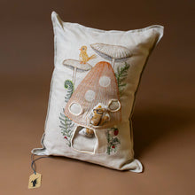 Load image into Gallery viewer, mushroom-house-pocket-pillow-showing-three-pockets-for-chipmunk-to-hop-in-and-out-of-with-a-bird-watching