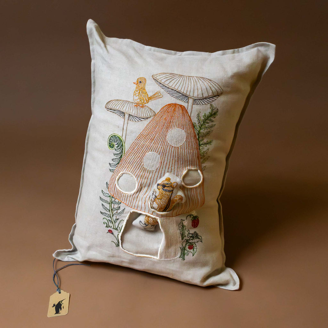 mushroom-house-pocket-pillow-showing-three-pockets-for-chipmunk-to-hop-in-and-out-of-with-a-bird-watching