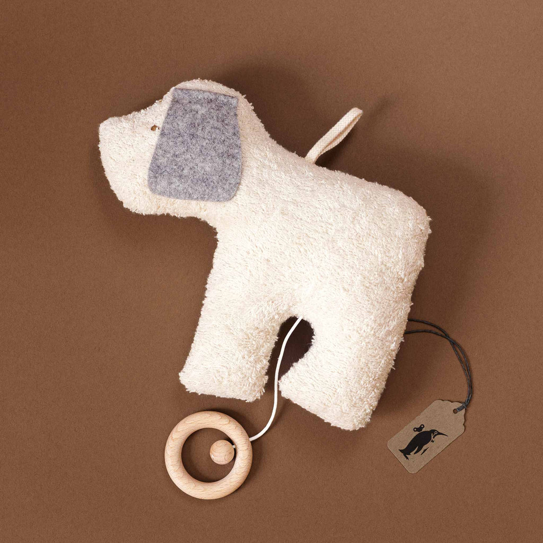 musical-puppy-toy-white-with-grey-ears-hanging-loop-and-beechwood-ring-pull