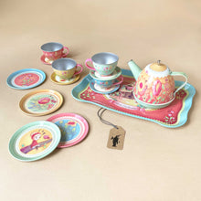 Load image into Gallery viewer, musical-tin-tea-set-enchanted-forest-with-four-cups-and-plates-one-tray-and-one-tea-pot