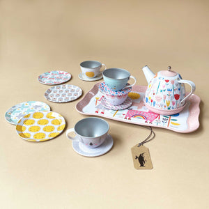 musical-tin-tea-set-floral-llama-with-four-cups-and-plates-one-tray-and-one-teapot