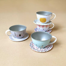 Load image into Gallery viewer, musical-tin-tea-set-floral-llama-cups-and-saucers