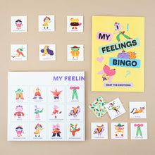 Load image into Gallery viewer, my-feelings-bingo-pieces-bingo-board-chips-with-illustrations-and-booklet