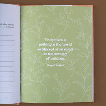 Load image into Gallery viewer, detail-of-green-book-page-with-white-floral-pattern-showing-a-quote